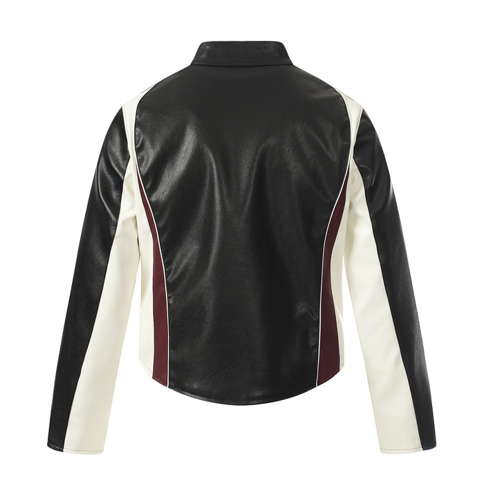 Back view of a black PU leather biker jacket with white sleeves, burgundy side panels and a standing collar