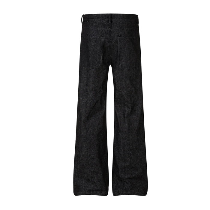 Back view of raw black straight-leg jeans with plain rear panels and wide leg openings