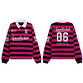 Long-sleeve rugby polo shown front and back with hot pink and navy horizontal stripes, white collar, and printed graphics
