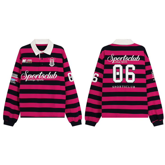 Long-sleeve rugby polo shown front and back with hot pink and navy horizontal stripes, white collar, and printed graphics