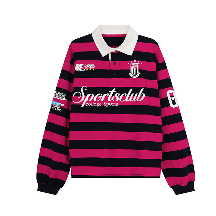 Sportsclub red and black striped long-sleeve rugby polo shirt with white collar and number 06 back print