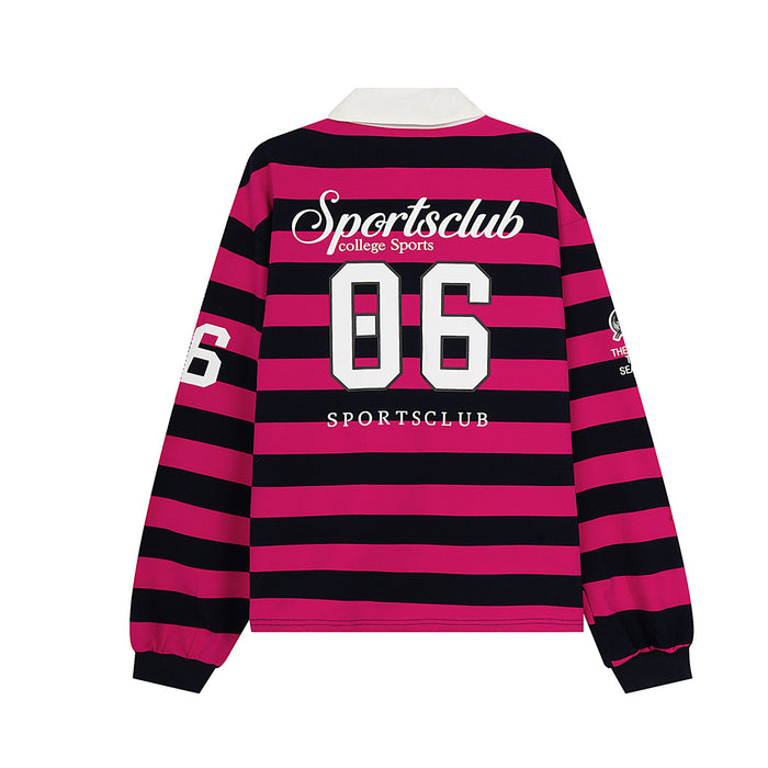 Back view of a hot pink and navy striped long-sleeve rugby polo with Sportsclub text and large number 06