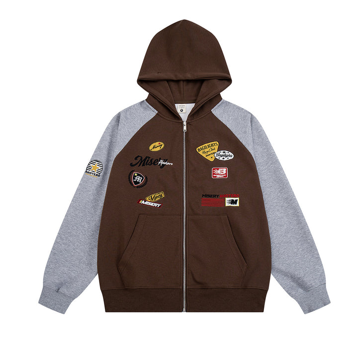 Retro racing patch zip-up hoodie in brown and grey colorblock with embroidered badges and raglan sleeves
