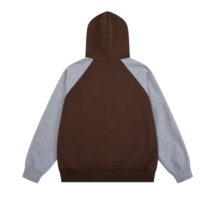 Back view of brown colorblock zip-up hoodie with gray raglan sleeves and hood