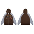 Brown hoodie shown from front and back with gray raglan sleeves and racing-style patches