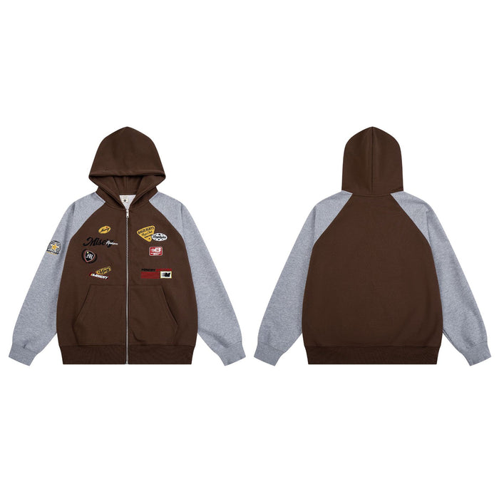 Brown hoodie shown from front and back with gray raglan sleeves and racing-style patches