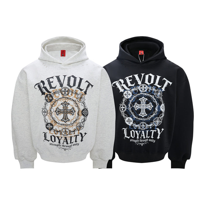 Front view of oversized Gothic cross print hoodies in light gray and black with Revolt Loyalty graphics