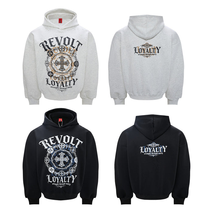 Revolt Loyalty Gothic cross mandala print oversized pullover hoodie in heather grey and black, front and back view