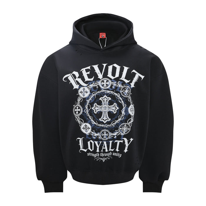Black oversized hoodie with large white Gothic Revolt Loyalty cross and circular emblem print