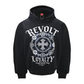 Black oversized hoodie with large white Gothic Revolt Loyalty cross and circular emblem print