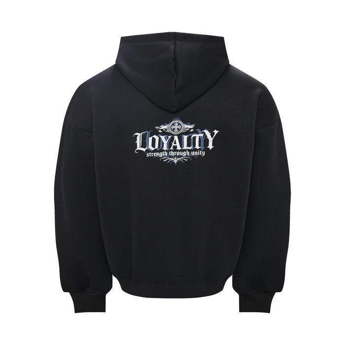 Back view of black oversized hoodie with a small white Loyalty graphic below the hood