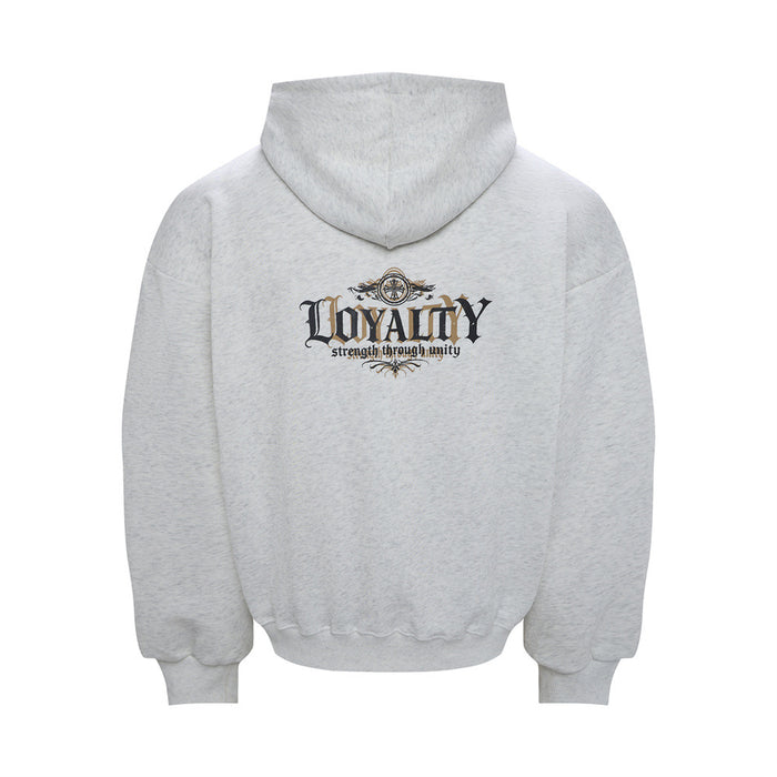 Back view of light gray oversized hoodie with a small Loyalty graphic below the hood