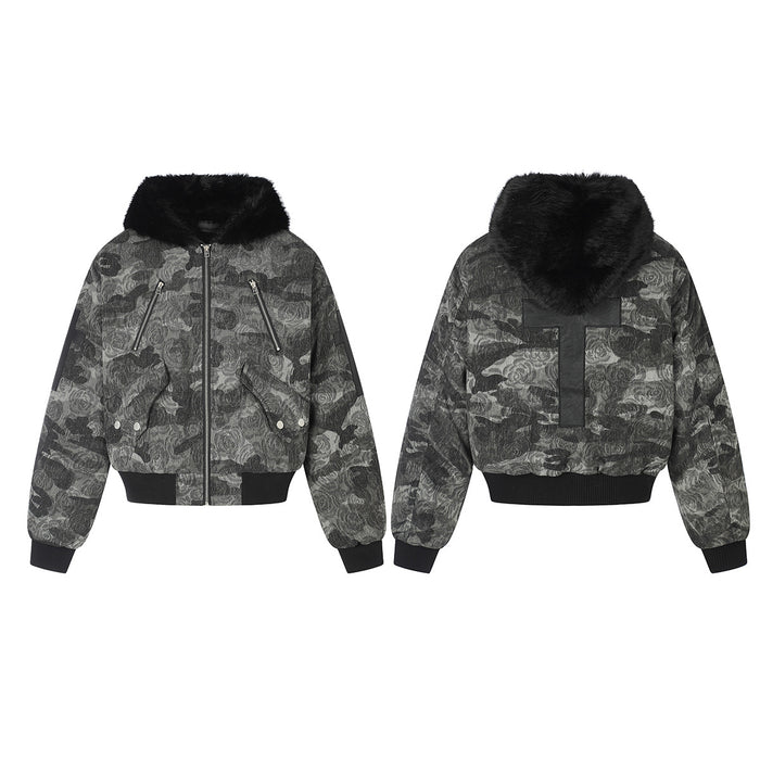 Gray and black rose-pattern camouflage bomber jacket shown from the front and back with a black faux fur collar