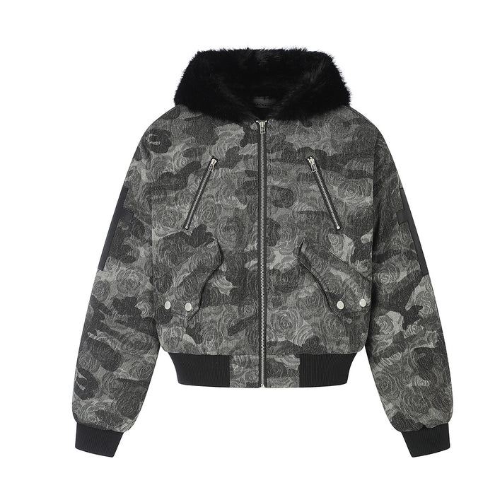 Front view of the gray and black rose-pattern camouflage bomber jacket with black faux fur collar