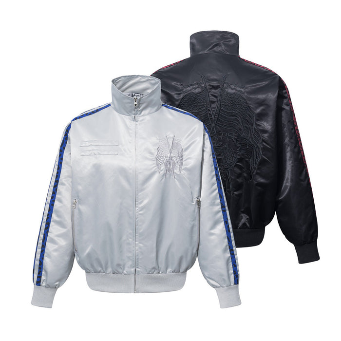 Satin embroidered bomber jacket with stand collar and leopard-print tape stripe in silver grey and black colorways, front and