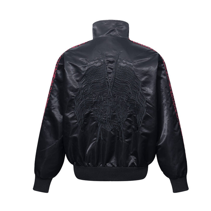 Back view of black satin bomber jacket with large embroidered winged emblem and red leopard stripe tape on sleeves