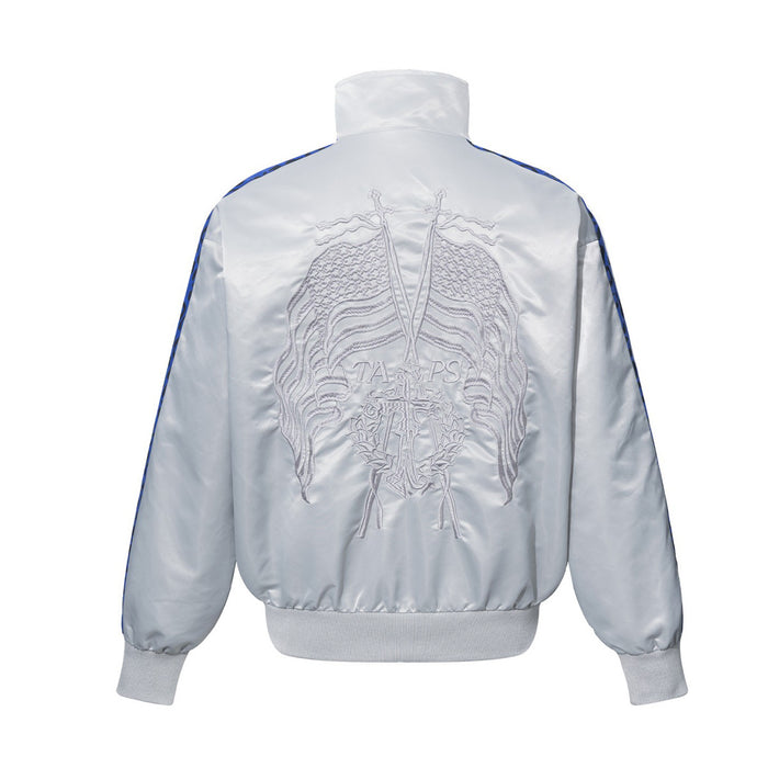 Back view of white satin bomber jacket with large embroidered winged emblem and blue leopard stripe tape on sleeves