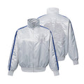 White satin bomber jacket shown from front and back, featuring blue leopard stripe tape and embroidered emblems