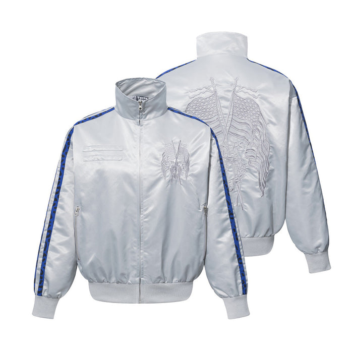 White satin bomber jacket shown from front and back, featuring blue leopard stripe tape and embroidered emblems