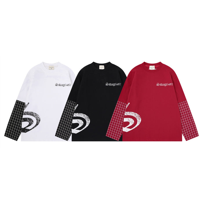 Savage Base men's oversized faux two-piece plaid patchwork long sleeve tee with snake graphic and embroidered logo in black,