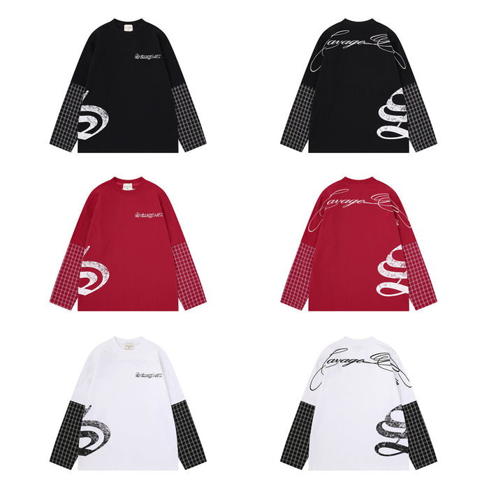 Three color options of an oversized long sleeve tee in black, red, and white with plaid sleeve panels