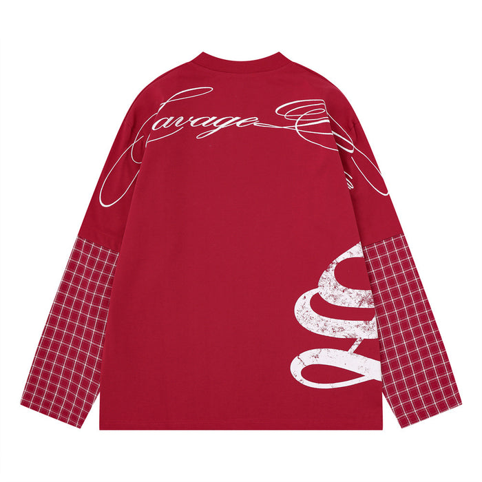Red tee back featuring large white looping script across the shoulders, plaid sleeves, and a distressed side graphic