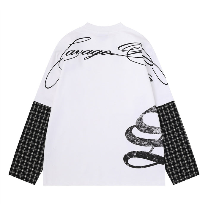 White tee back with large black looping script across the shoulders, black plaid sleeves, and a distressed side graphic