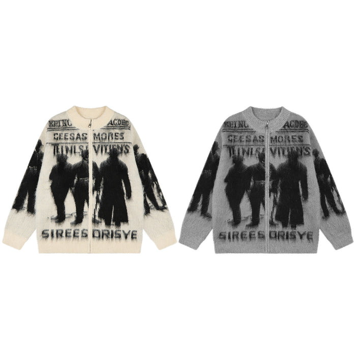 Front view of cream and gray knit zip-up cardigans with black shadow figures and text graphics