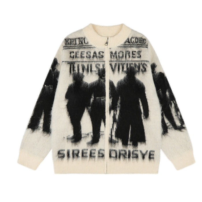 Front view of the cream knit zip-up cardigan with black shadow figures, text, and ribbed trim