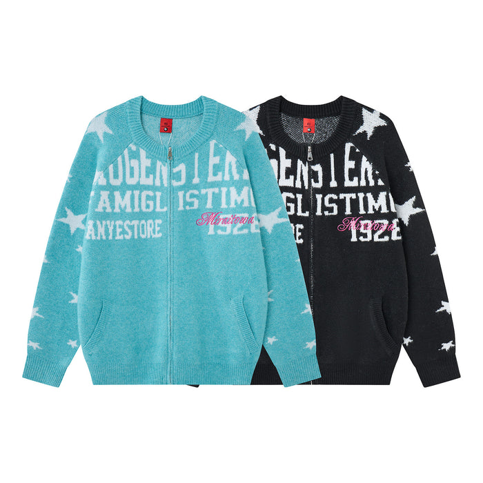 Front view of turquoise and black zip-up knit cardigans with white stars and large letter prints