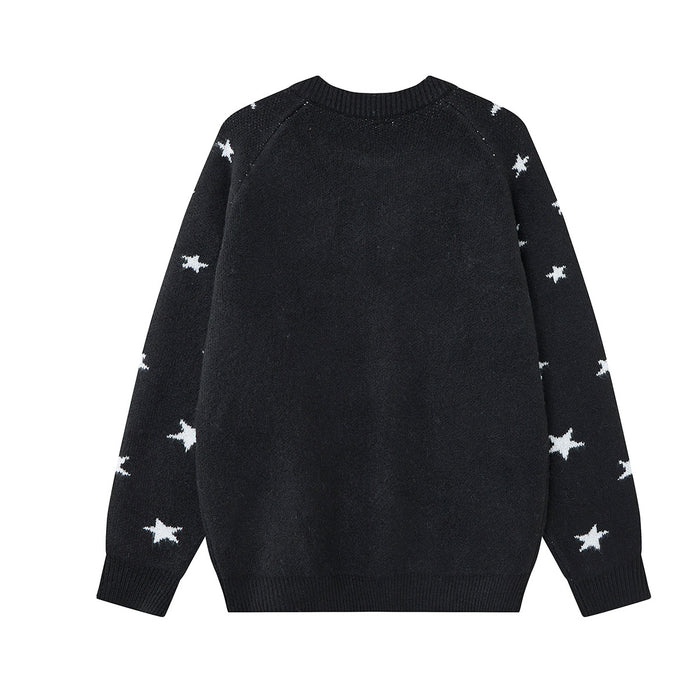 Back view of the black knitted zip-up cardigan with white star prints on the sleeves