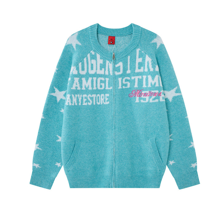 Front view of the turquoise knitted zip-up cardigan with white stars and large letter print