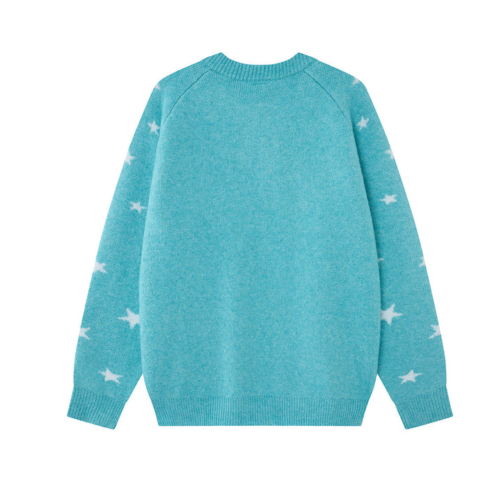 Back view of the turquoise knitted zip-up cardigan with white star prints on the sleeves