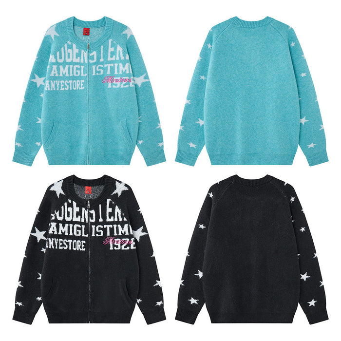 Oversized star jacquard zip-up knit cardigan sweater with letter graphics in teal and black