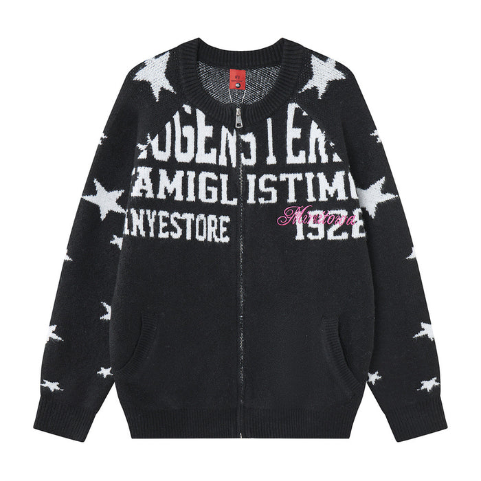 Front view of a black zip-up knit cardigan with white star sleeves, bold white lettering, and pink script
