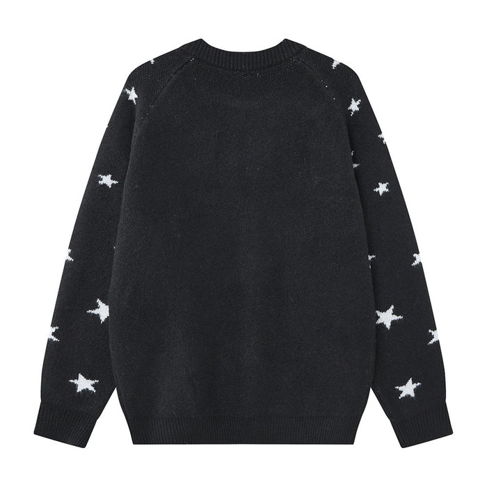 Back view of a black knit cardigan with white star patterns along the sleeves and ribbed edges