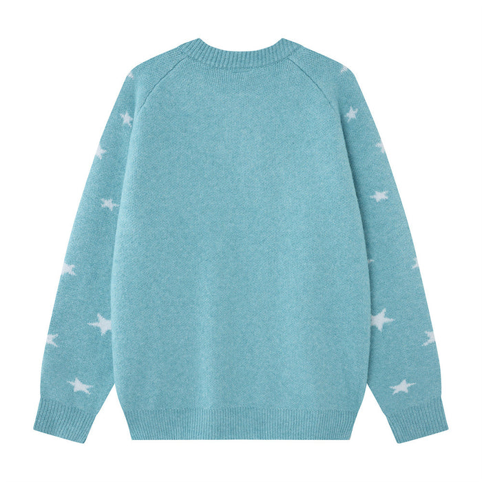 Back view of a turquoise knit cardigan with white star patterns on the sleeves and ribbed hem