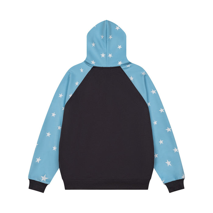 Back view of a black hoodie with light blue star-print raglan sleeves and hood