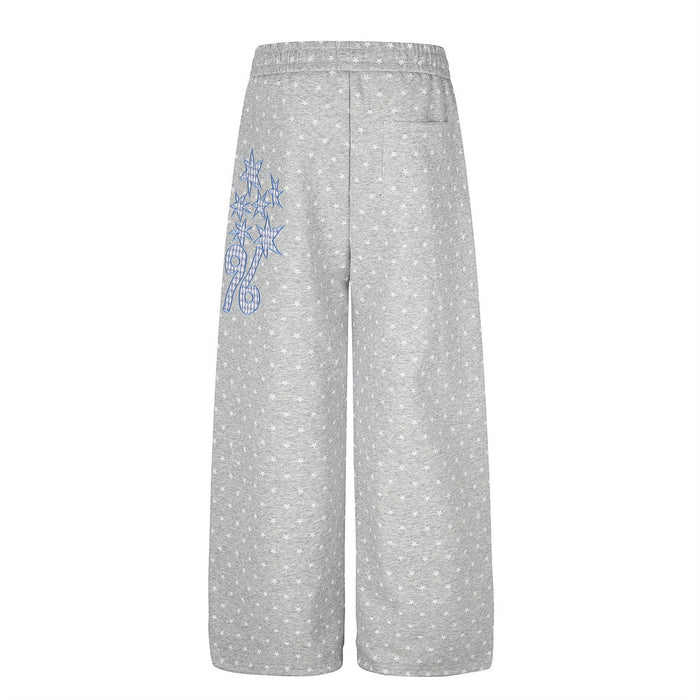 Gray wide-leg sweatpants with white stars and a blue star graphic on the outer leg