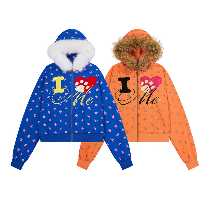 Blue and orange star-print zip-up hoodies with fur-trimmed hoods and I love Me graphics