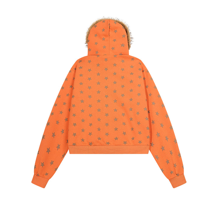 Back view of orange star-print hoodie with a fur-trimmed hood and ribbed hem and cuffs