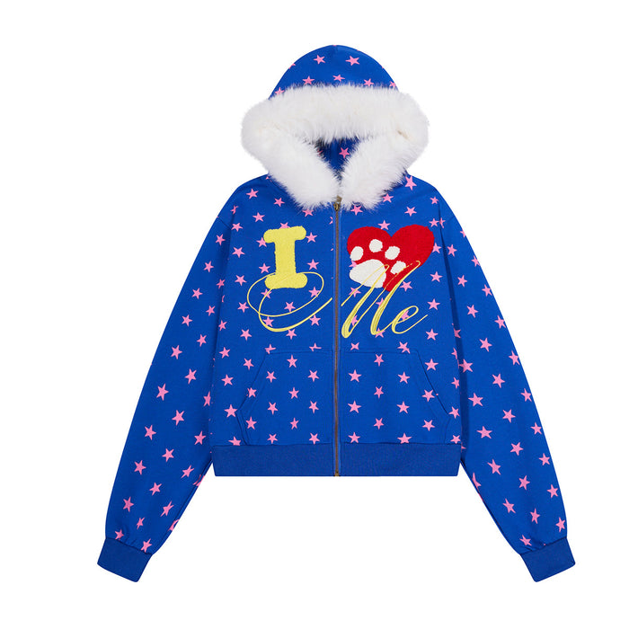 Front view of blue star-print zip-up hoodie with white fur-trimmed hood and I love Me graphic