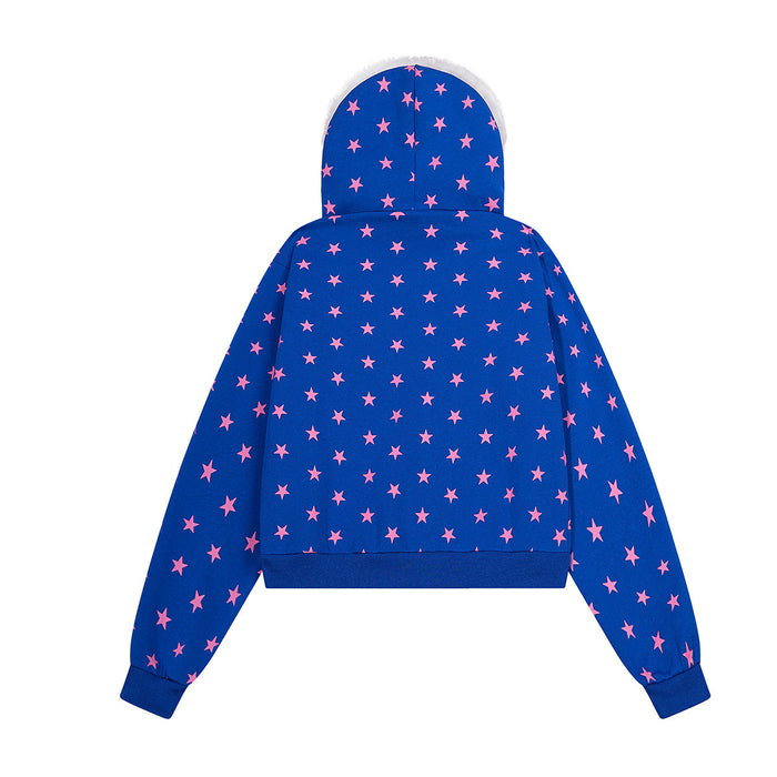 Back view of blue star-print hoodie with a white-trimmed hood and ribbed hem and cuffs
