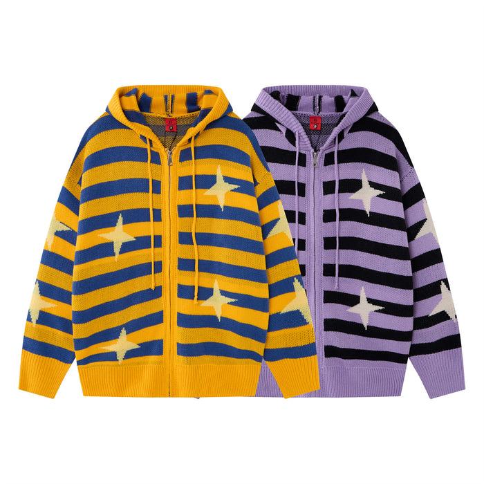 Two striped knit zip-up hoodies, one mustard yellow and blue and one lavender and black, with four-point star motifs