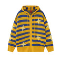 Oversized striped four-point star jacquard knit zip-up hoodie sweater in yellow and blue colorway, front view