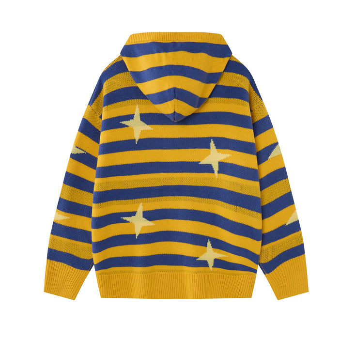 Back view of the mustard yellow and blue striped knit hoodie with a hood and cream four-point star motifs