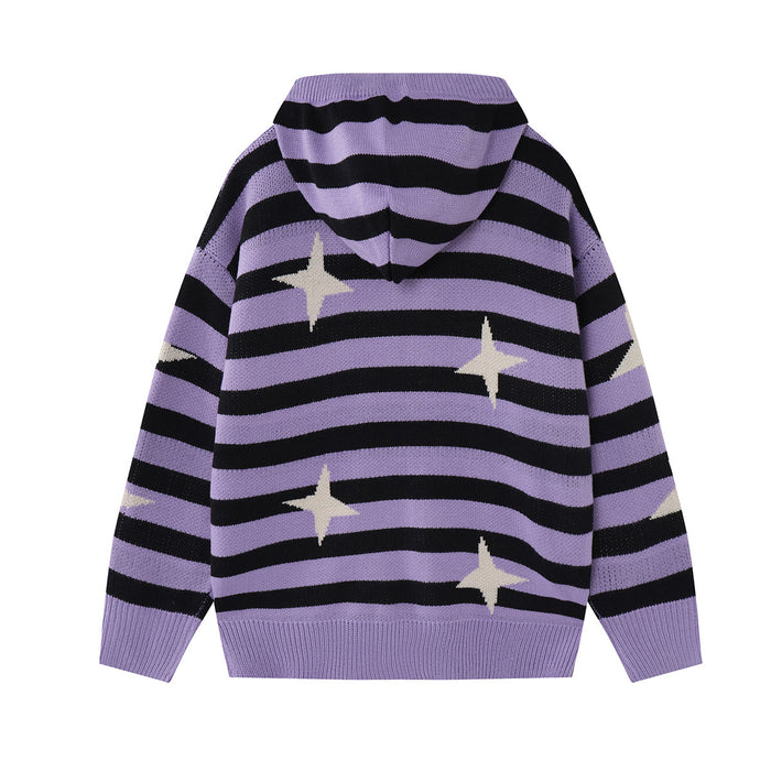 Back view of the lavender and black striped knit hoodie with a hood and cream four-point star motifs