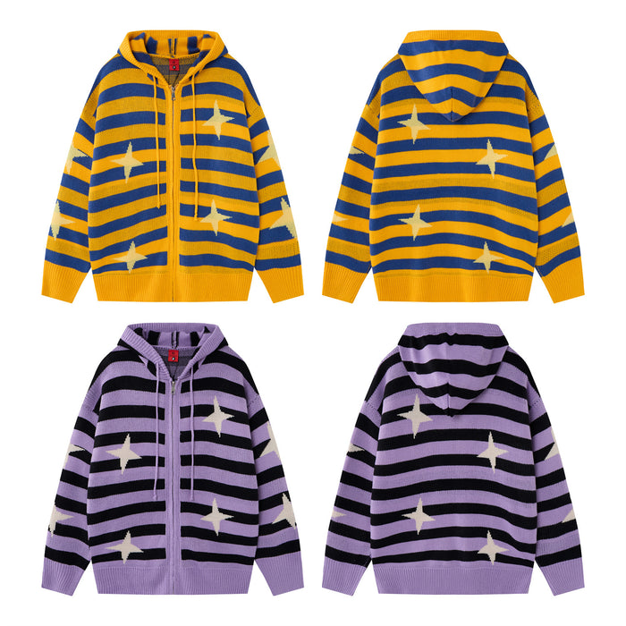 Front and back views of mustard blue and lavender black striped star-pattern knit zip-up hoodies