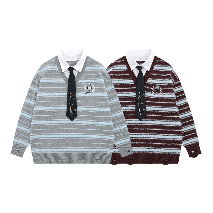 Two striped knit sweaters in gray and burgundy, each with a white shirt collar, crest, and black tie detail