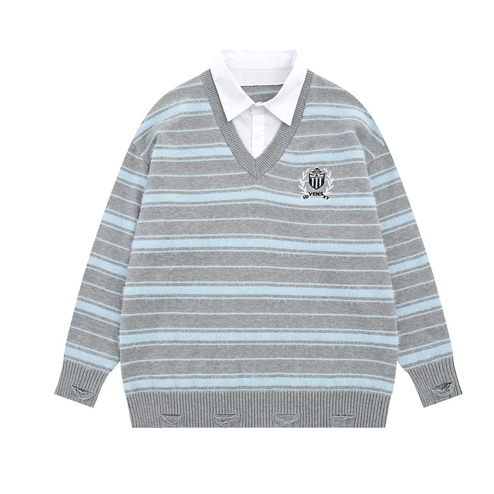 Gray striped knit sweater with white layered shirt collar, V-neck trim, and embroidered crest on the chest